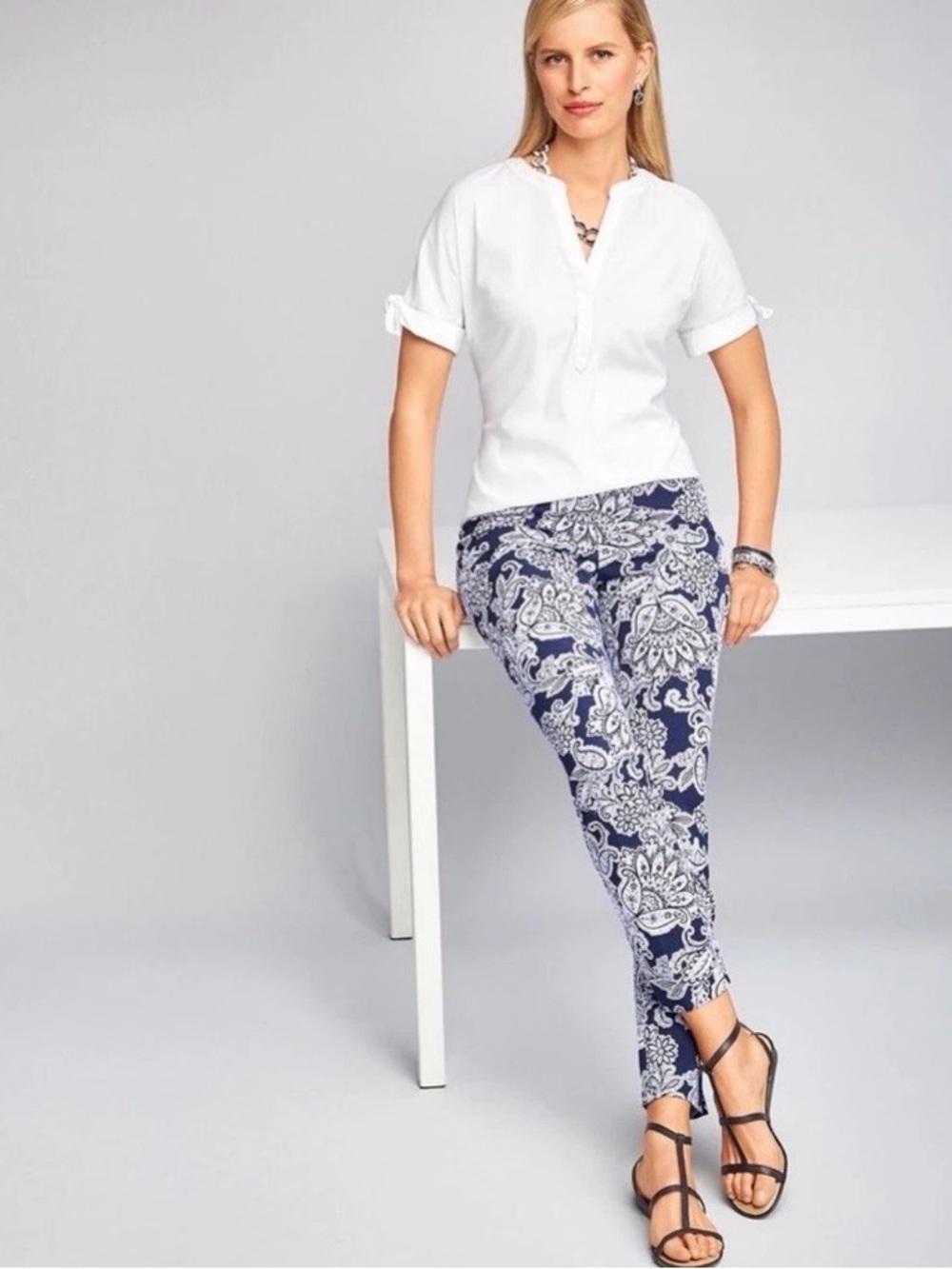 Talbots Navy and White Paisley Ankle Pants